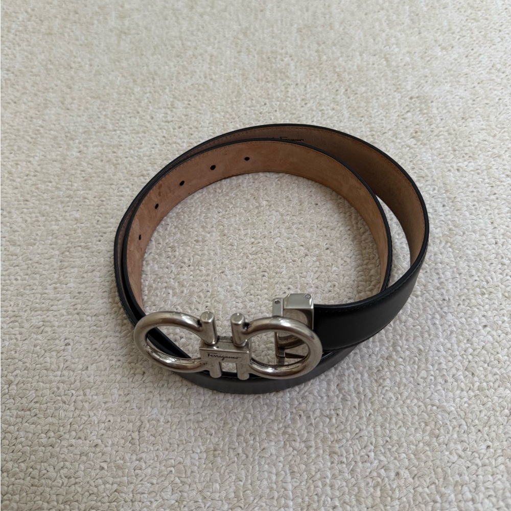Ferragamo Black Leather Belt with Silver Buckle